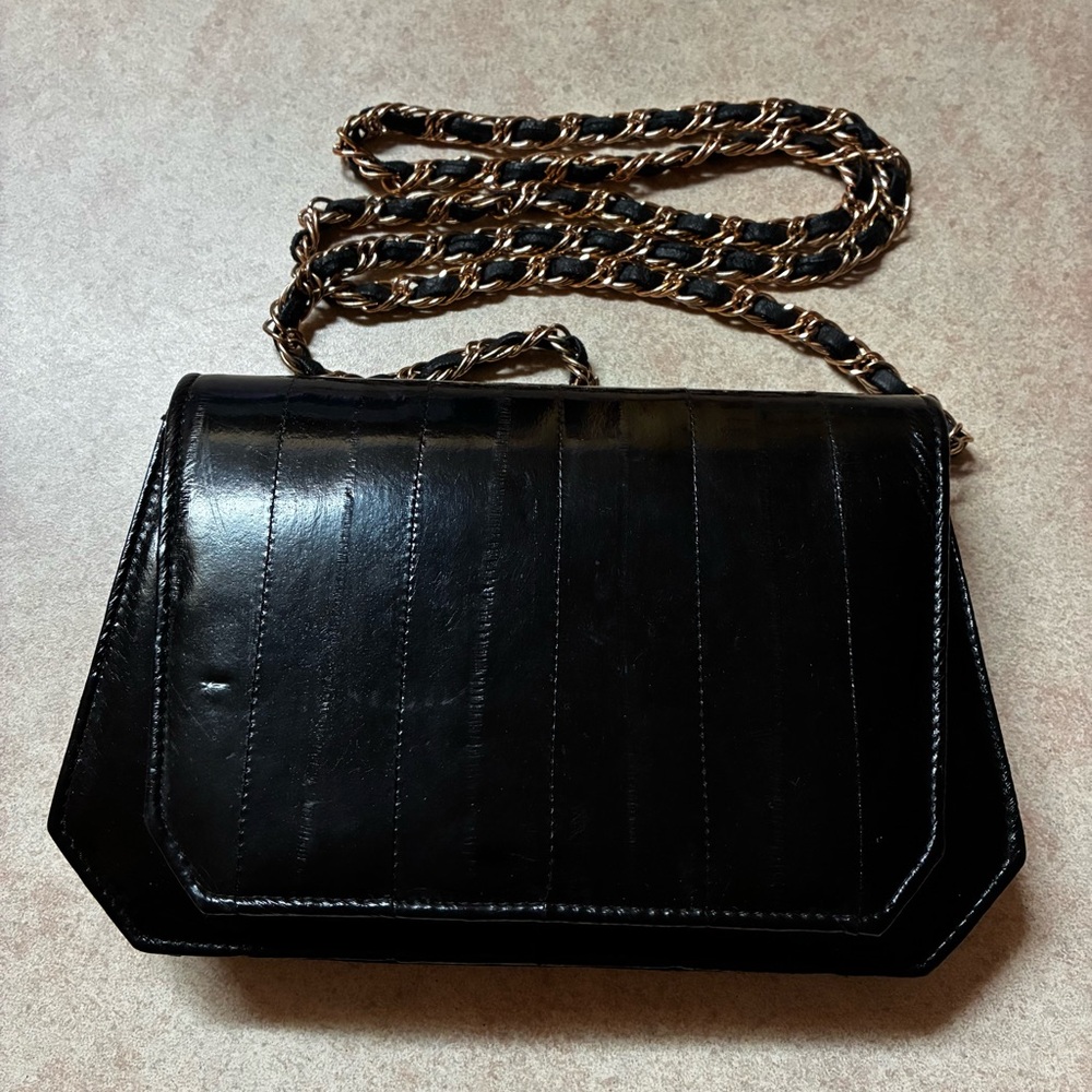 Vintage Genuine Eel Skin Leather Black Evening Purse Handbag Mirror Chain Strap